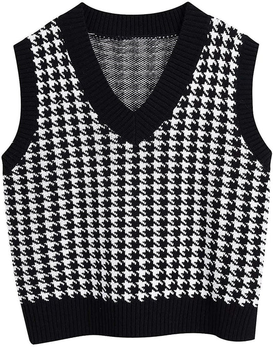 Damen ärmellose Strickweste mit modernem Hahnentrittmuster EB