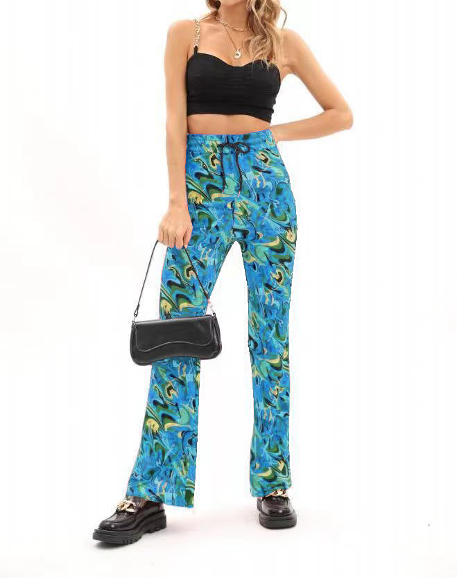 Damen weite Palazzo-Hose mit modischem Wellenmuster und elastischem Bund EB