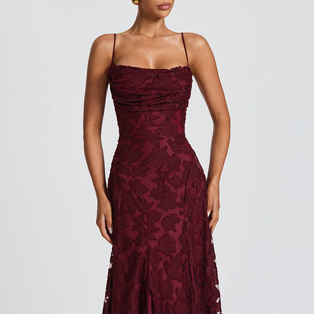 Damen Maxikleid mit floralem Spitzenmuster und schwingendem Rock EB