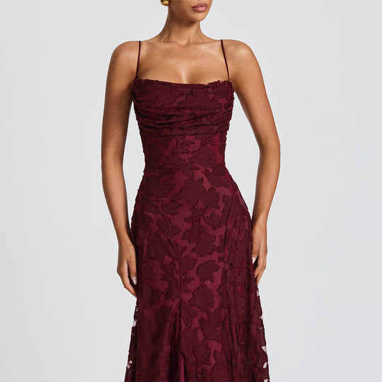 Damen Maxikleid mit floralem Spitzenmuster und schwingendem Rock EB