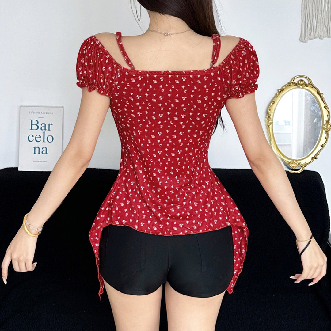 Damen Off-Shoulder-Oberteil mit süßem Blumenmuster und Raffung EB