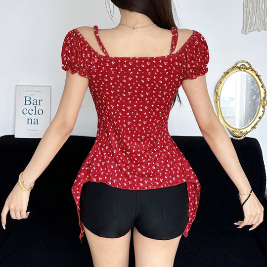 Damen Off-Shoulder-Oberteil mit süßem Blumenmuster und Raffung EB