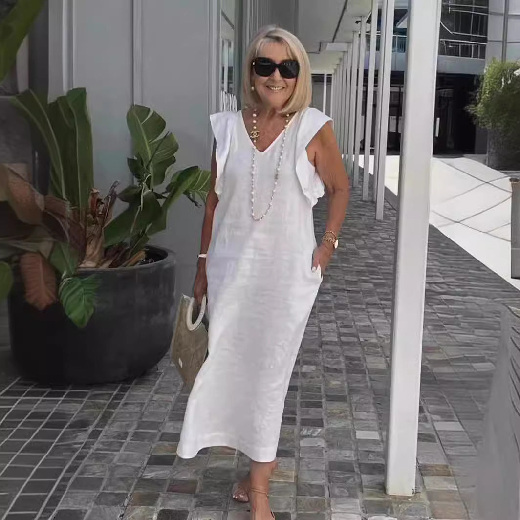 Damen Leichtes Maxikleid mit V-Ausschnitt und seitlichen Taschen EB