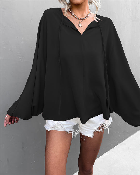 Damen luftiges Blusenshirt mit weiten Ärmeln und modischem Schleifendetail EB