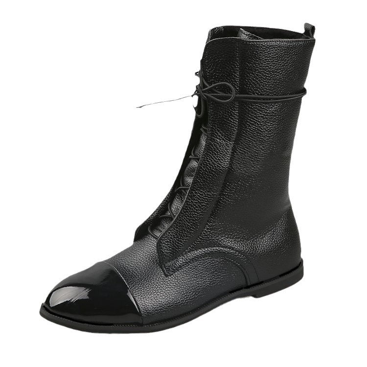 Damen  knöchelhohe Schnürstiefel mit spitzer Kappenausführung und genarbter Lederoptik EB