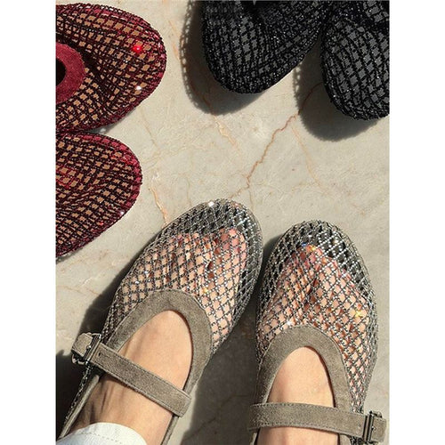 Damen Netz-Ballerinas mit dekorativem Riemen EB