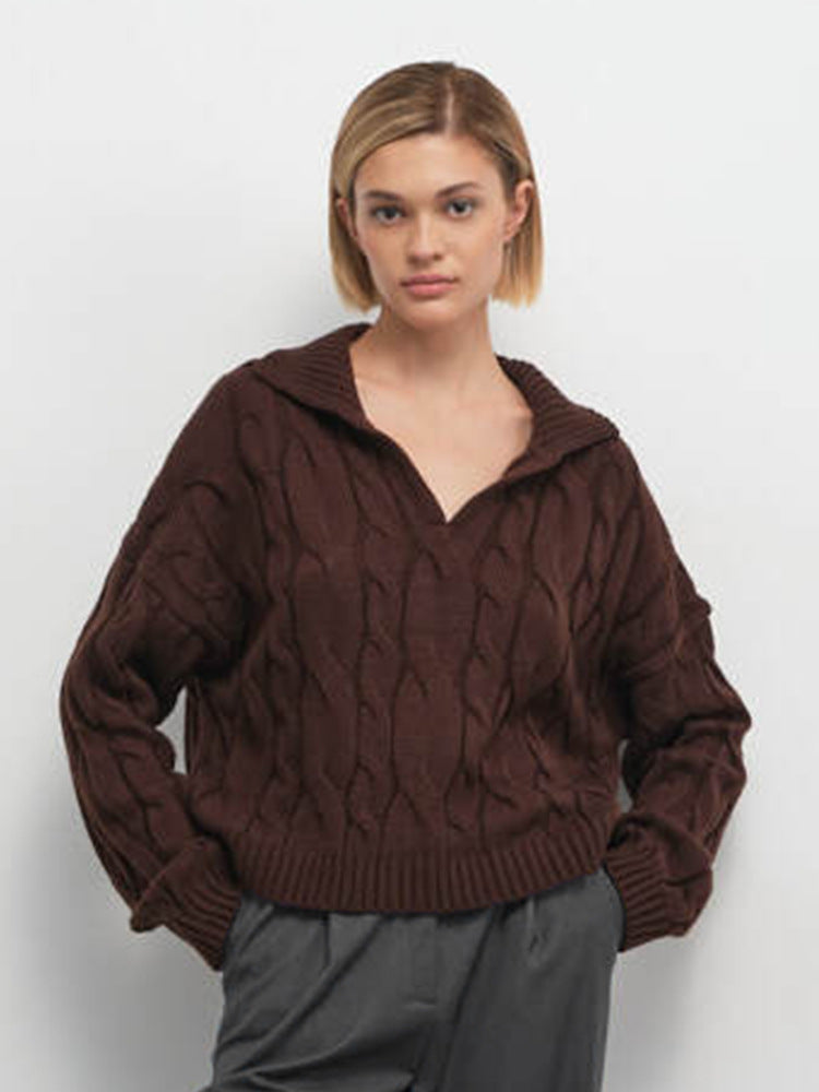 Damen Hoher Kragen Strickpullover mit Zopfmuster EB