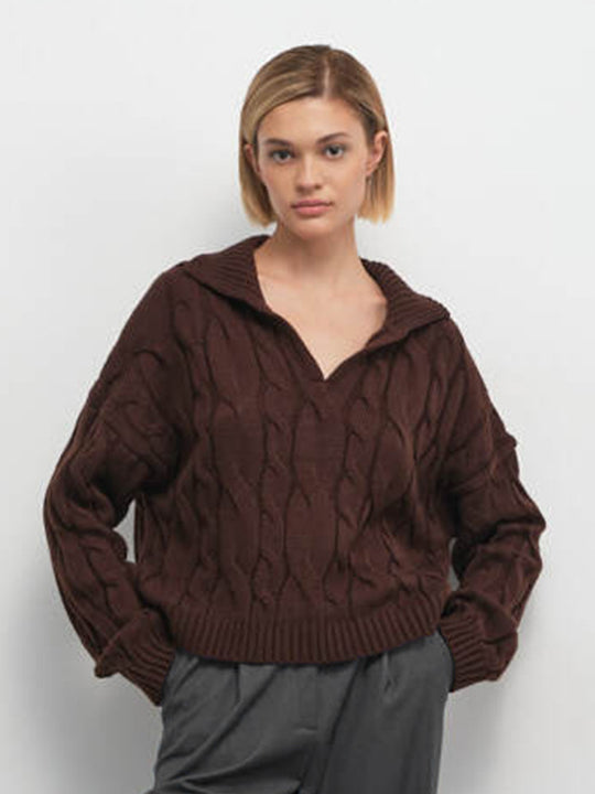 Damen Hoher Kragen Strickpullover mit Zopfmuster EB