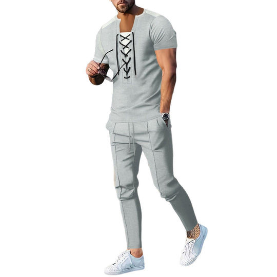 Herren modisches Kurzarm-Henley-T-Shirt mit strukturiertem Design und dekorativer Schnürung EB