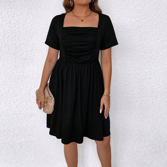 Damen lässiges Kleid mit quadratischem Ausschnitt und gerafftem Oberteil EB