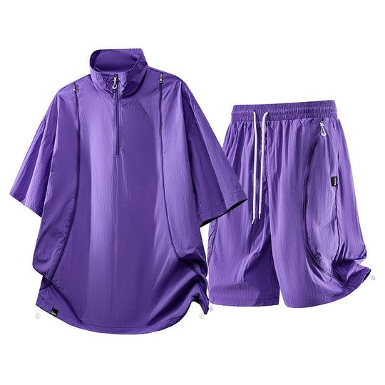 Herren nan oversized sportliches Freizeit-Set mit Halbzip, Stehkragen und elastischen Cargo-Shorts EB