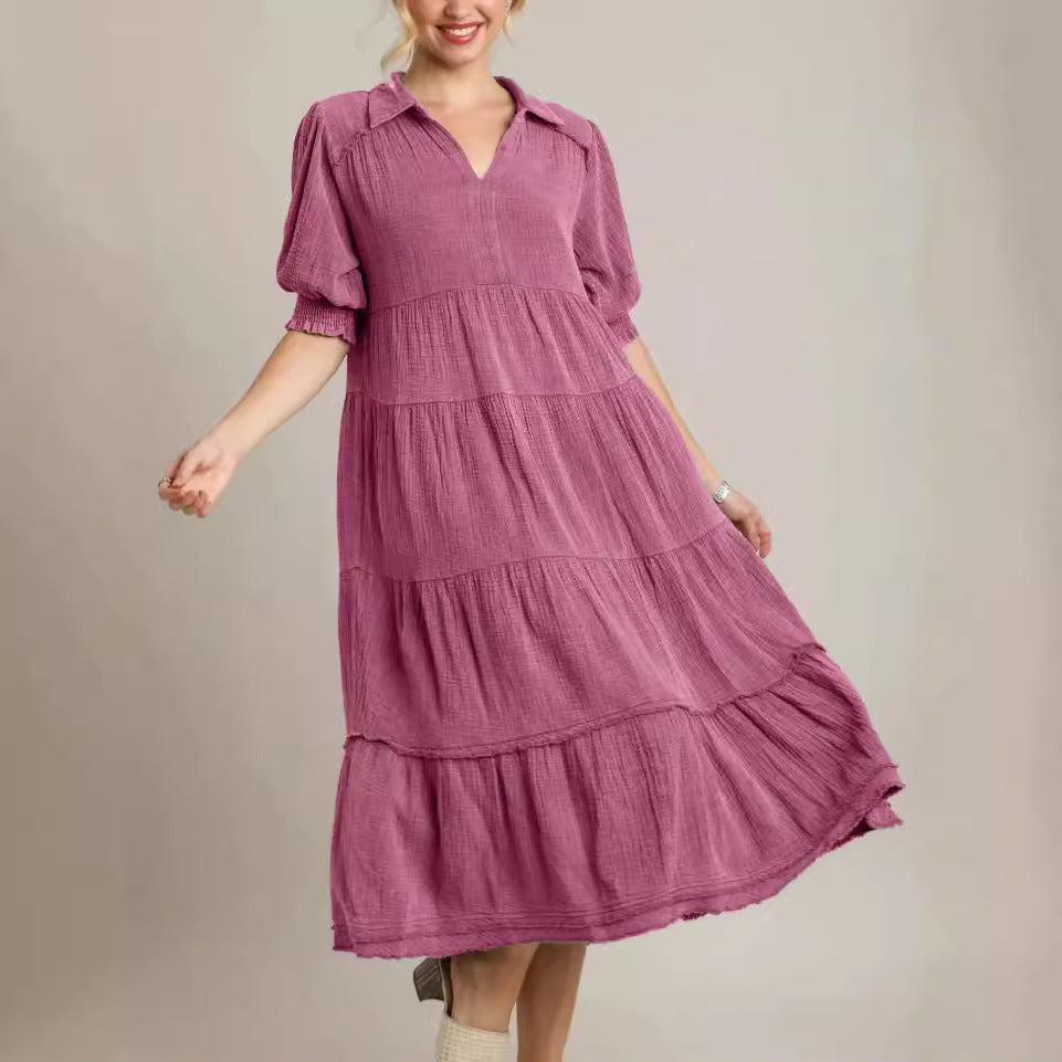 Damen lässiges Maxikleid mit V-Ausschnitt und volumetrischen Ärmeln EB