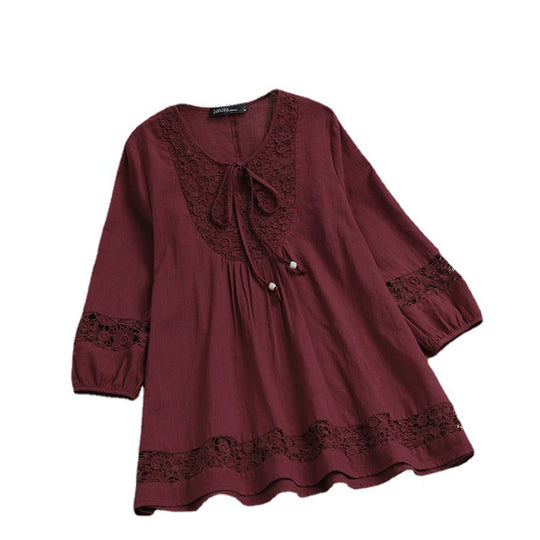 Damen Lässige Tunika-Bluse mit Häkelspitze, Bindekragen und dreiviertel Ärmeln EB