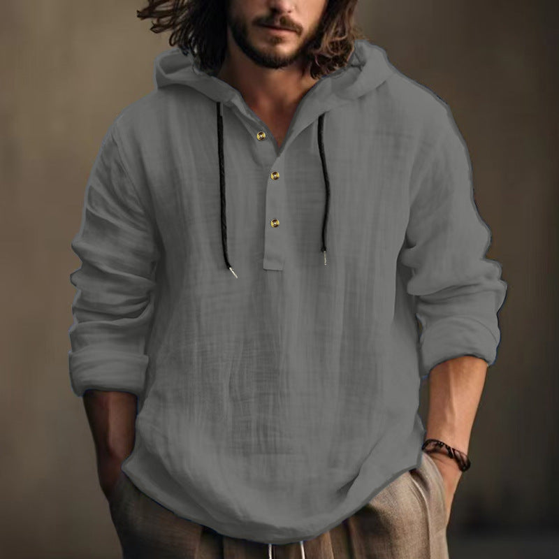 Herren nan leichtes Kapuzen-Henley Leinenhemd mit Knopfleiste und Kordelzug EB