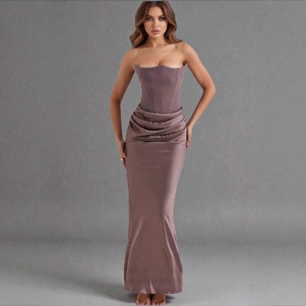 Damen Maxikleid mit Raffungen und elegantem Bustier-Ausschnitt EB