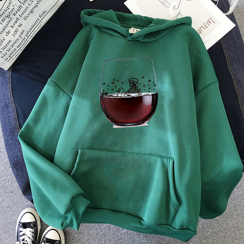 Damen nan lässiger Kapuzenhoodie mit fotorealistischer Weinglas‑Grafik, Kängurutasche und weichem Fleece EB