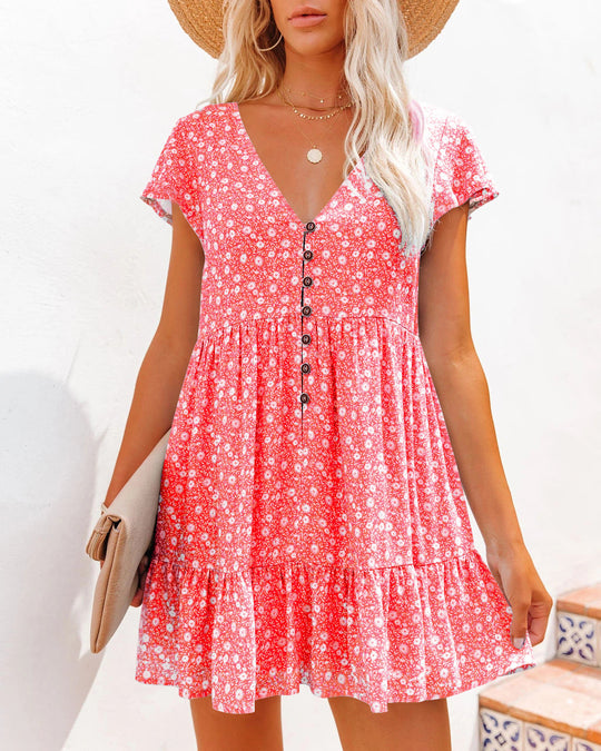 Damen Sommerkleid mit floralen Mustern und Knopfdetails EB