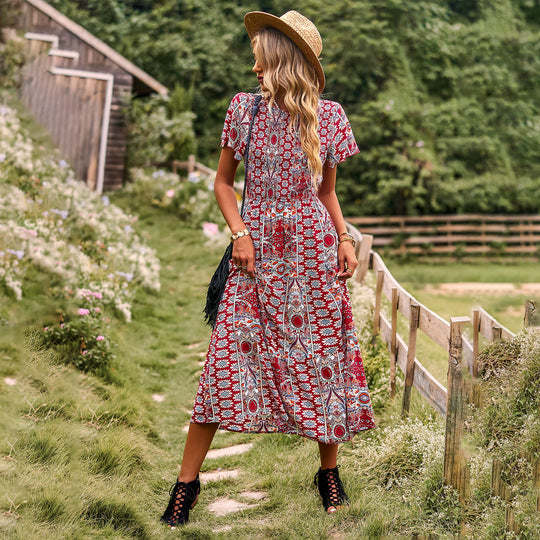 Damen Maxikleid mit floralem Muster und elastischem Tailleneinsatz EB