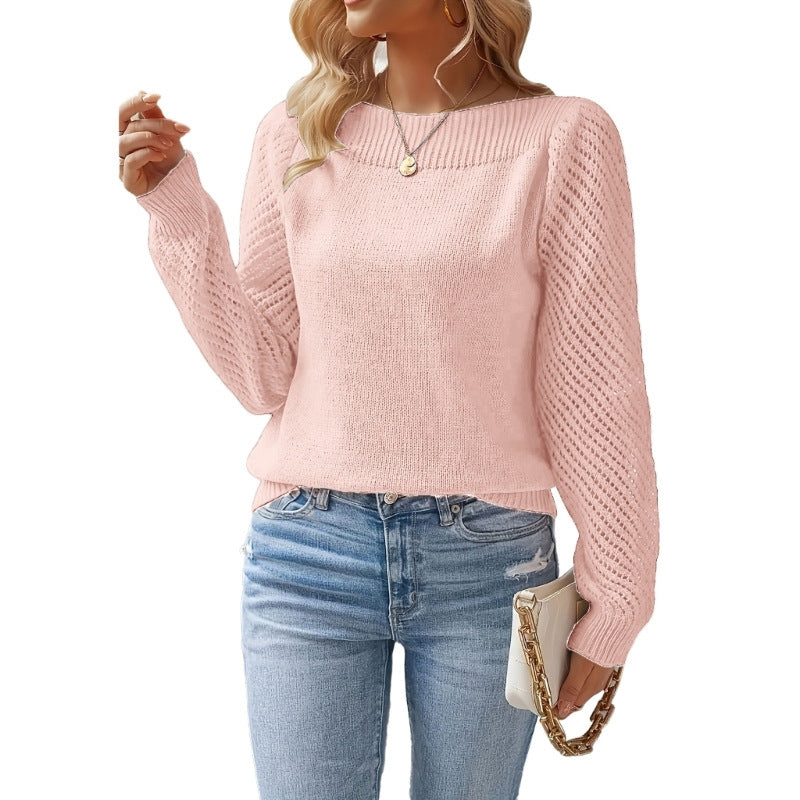 Damen nan feiner Strickpullover mit Ajour- Puffärmeln und U-Boot-Ausschnitt EB