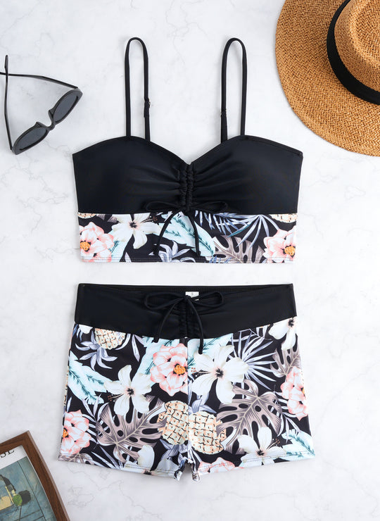 Damen Bikini-Set mit modischer Raffung und hoch taillierter Shorts EB