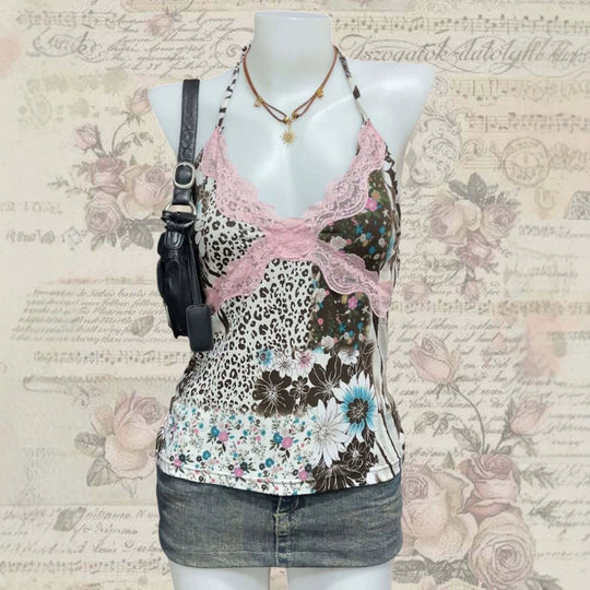 Damen Verspieltes Haltertop mit floralem und Leopardenmuster EB