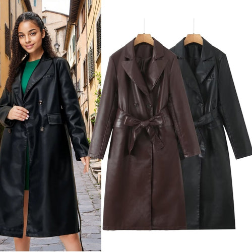 Damen Kunstleder Trenchcoat mit Taillengürtel und eleganter Taschennaht EB