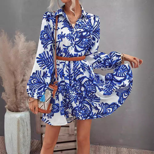 Damen lässiges Hemdkleid mit voluminösen Ärmeln und durchgehendem Knopfverschluss EB