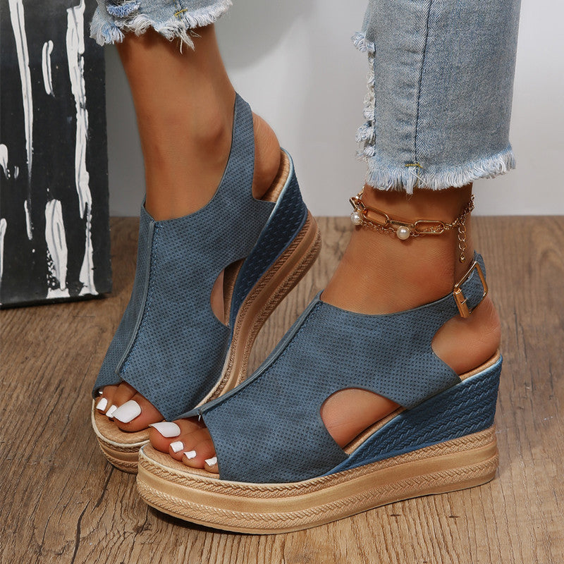 Damen Wedge-Sandalen mit offenem Zehenbereich und eleganter Schnalle EB