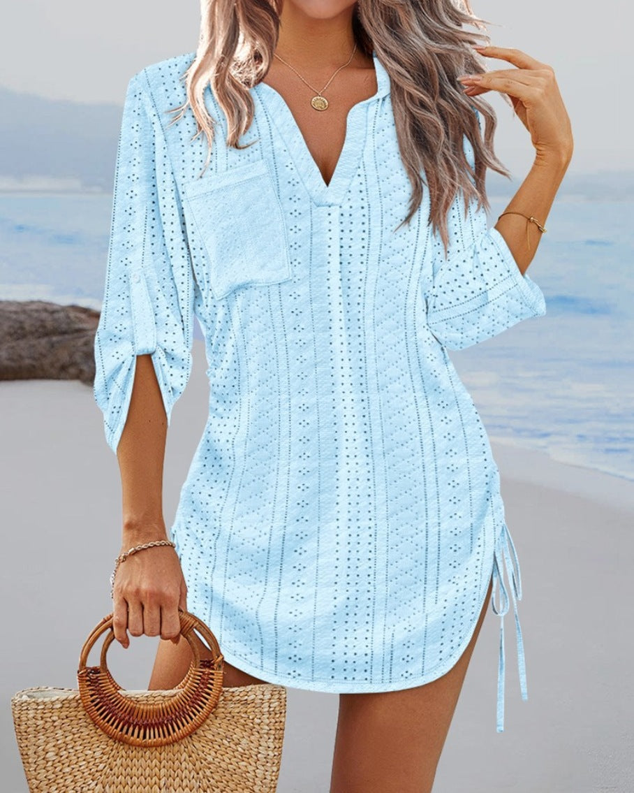 Damen lässiges Langarmshirt mit V-Ausschnitt und Seitenschlitzen EB