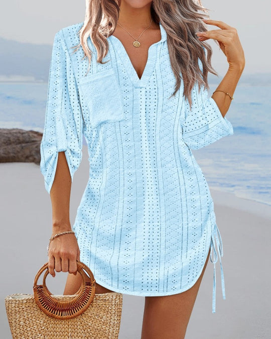 Damen lässiges Langarmshirt mit V-Ausschnitt und Seitenschlitzen EB