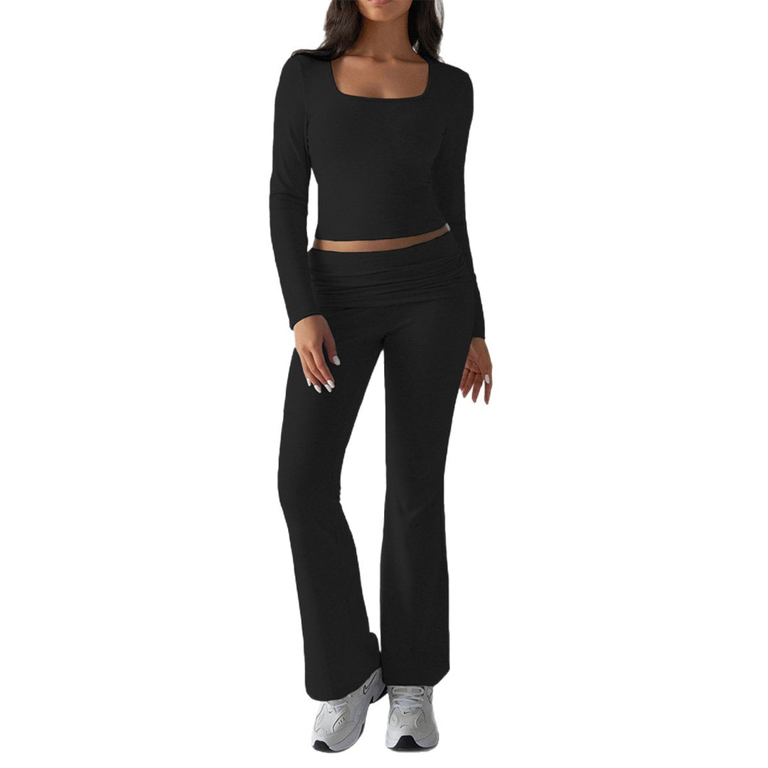 Damen nan figurbetontes Cropped-Set mit langärmeligem Top mit quadratischem Ausschnitt und ausgestellter High‑Waist Yoga-Hose EB