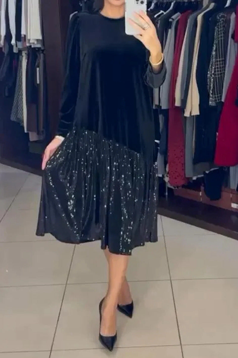 Damen Freizeit Kleid mit elegantem Paillettenrock und weichem Oberteil Heidi-Mode