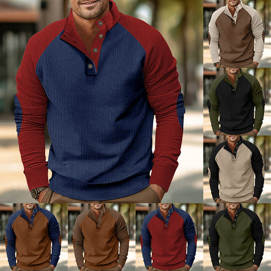 Herren Warmer Waffelstruktur-Henleypullover mit Kontrast-Raglanärmeln & Stehkragen EB