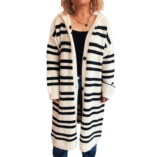 Damen gemütlicher Strickcardigan mit modischem Streifenmuster und Kapuze EB