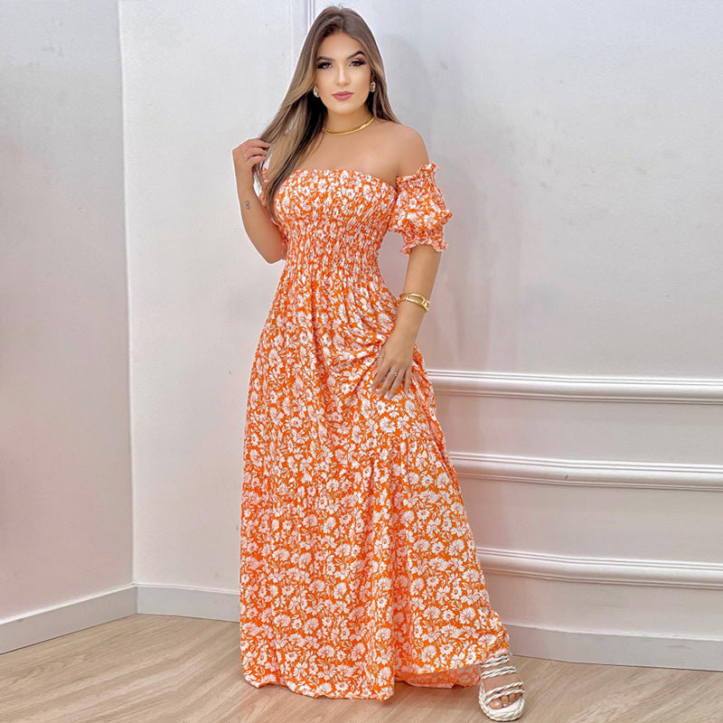 Damen Off-Shoulder Maxikleid mit voluminösen Puffärmeln und nostalgischer Raffung EB