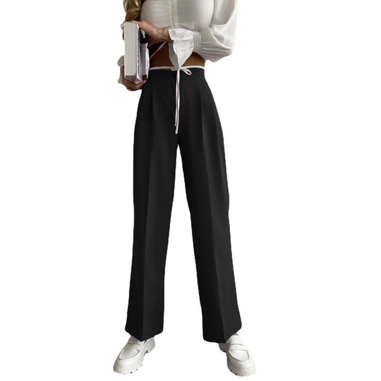 Damen weite klassische Hose mit hohem Bund und praktischen Bindegurten EB
