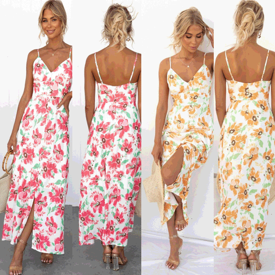 Damen Sommerliches Maxikleid mit elegantem V-Ausschnitt und Hohem Schlitz EB