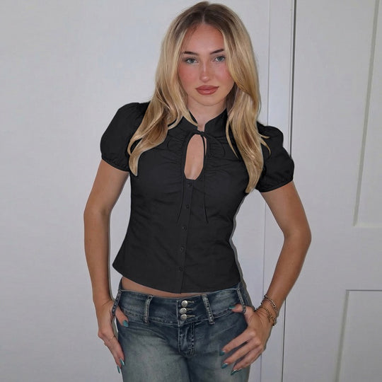 Damen Bluse mit Rüschendetails und dekorativer Schleife EB