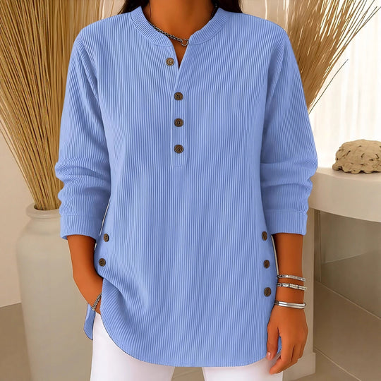 Damen nan plissee Tunika-Bluse mit Stehkragen, Knopfleiste und seitlichen Zierknöpfen EB