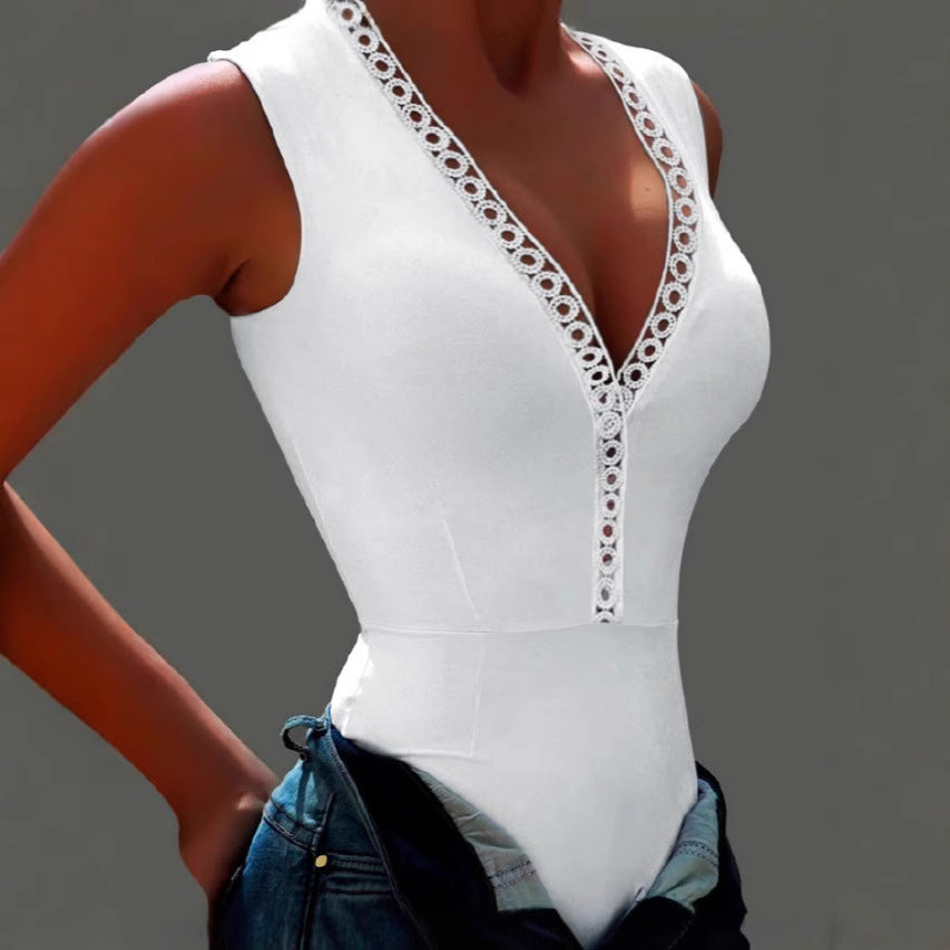 Damen Bodysuit mit dekorativem V-Ausschnitt und Spitzenbesatz EB