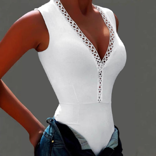 Damen Bodysuit mit dekorativem V-Ausschnitt und Spitzenbesatz EB