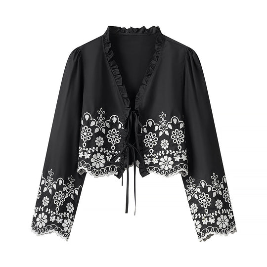 Damen elegante Bluse mit floralen Stickereien und Rüschen EB