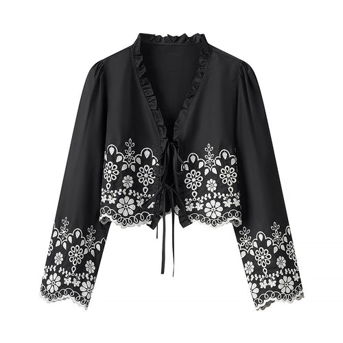 Damen elegante Bluse mit floralen Stickereien und Rüschen EB