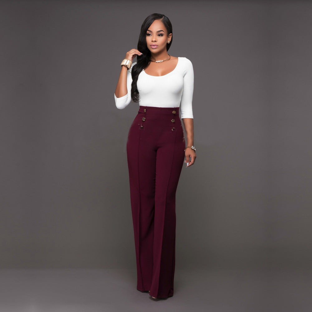 Damen hochtaillierte Palazzo-Hose mit dekorativen Knopfdetails EB