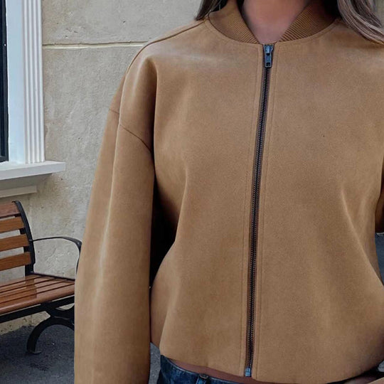 Damen Modische kurz geschnittene Lammfelljacke mit voluminösen Ärmeln EB