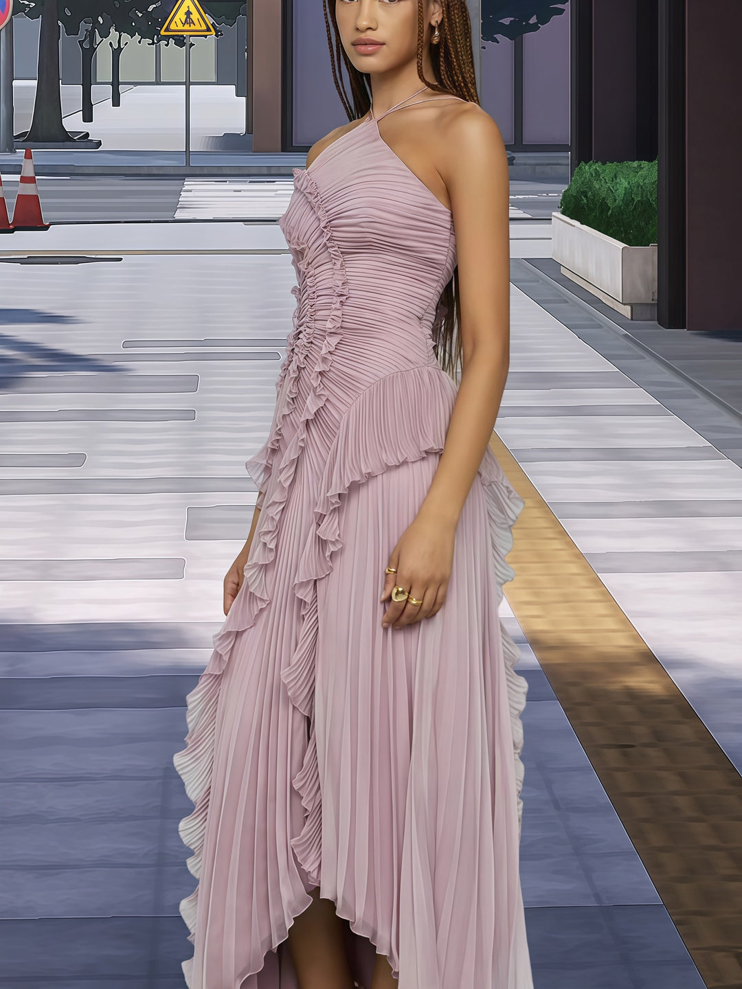 Damen Elegantes Wickelkleid mit fließendem Faltenrock und asymmetrischen Rüschendetails EB