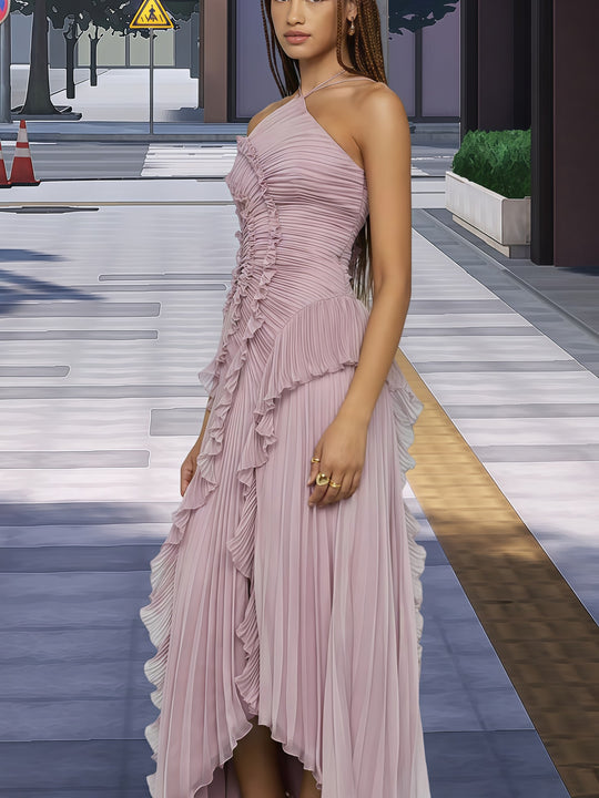 Damen Elegantes Wickelkleid mit fließendem Faltenrock und asymmetrischen Rüschendetails EB