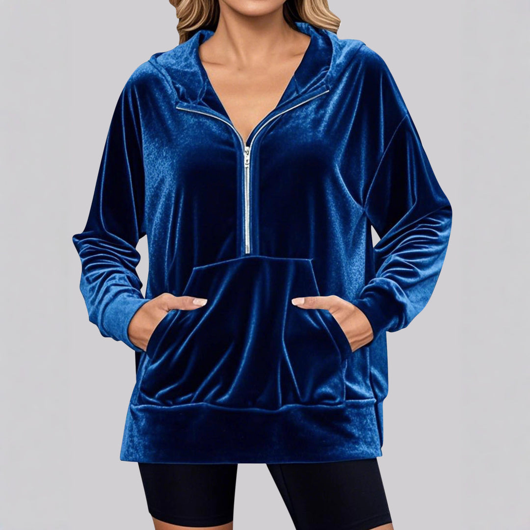 Damen Lässiger Velvet Hoodie mit praktischem Reißverschluss und Kängurutasche EB