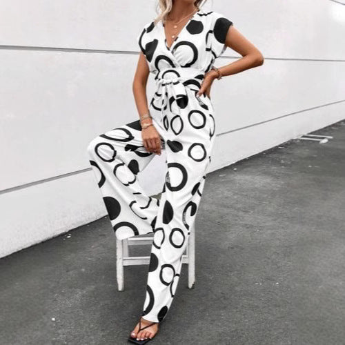 Damen Jumpsuit mit modernem Kreismuster und Taillengürtel EB