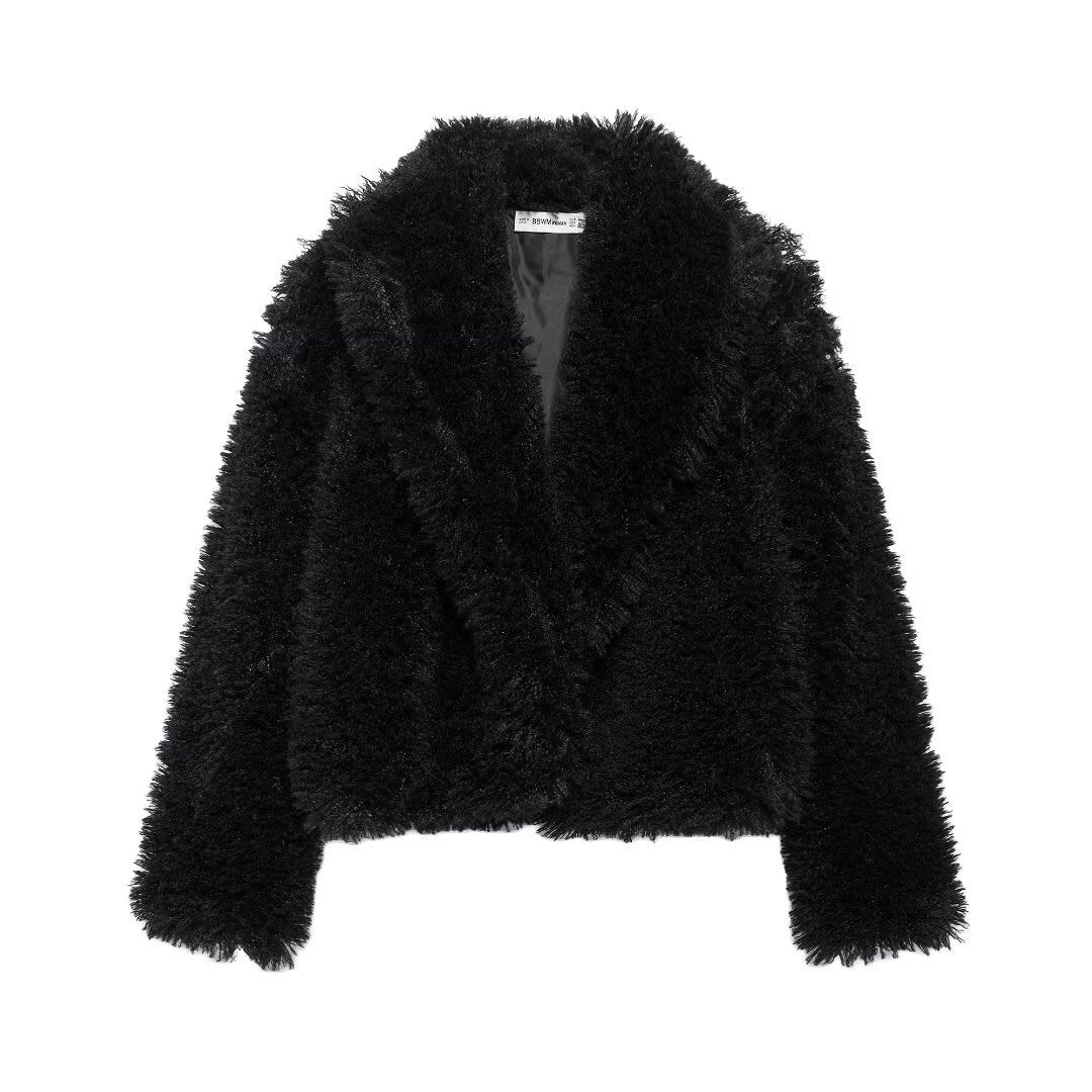 Damen nan kurze kuschelige Kunstfell-Cropped-Jacke mit großzügigem Schalkragen und offener Front EB